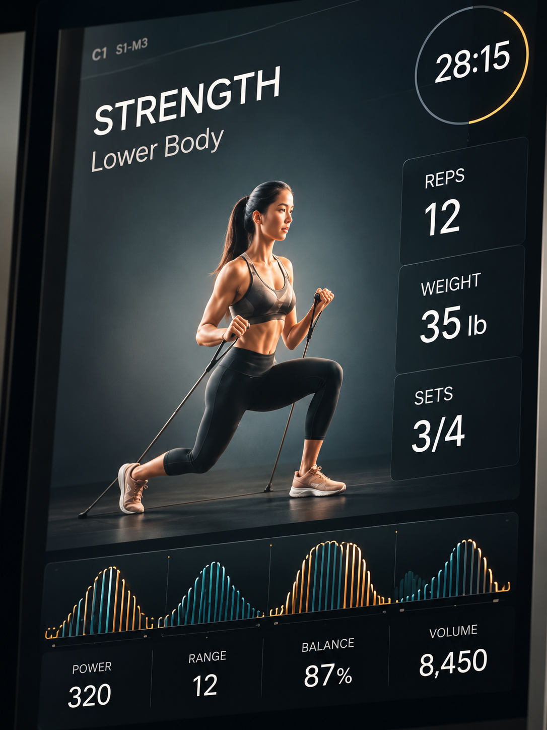 Workout screen showing an athlete performing a resistance-band lunge with both arms and hands visible, alongside training statistics and charts.